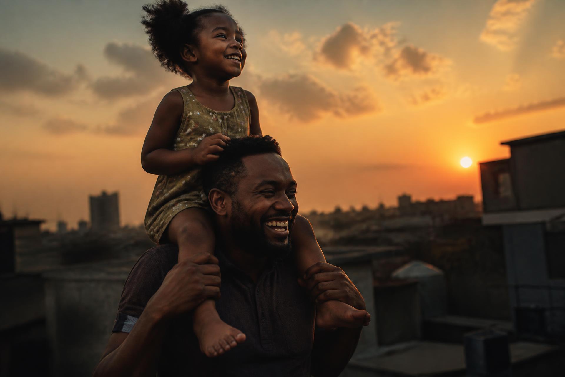 Pai e filha ao pôr do sol, num momento de liberdade