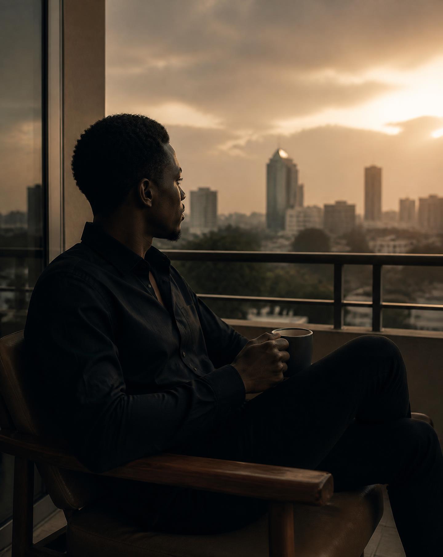 Homem a observar a cidade ao amanhecer, sereno