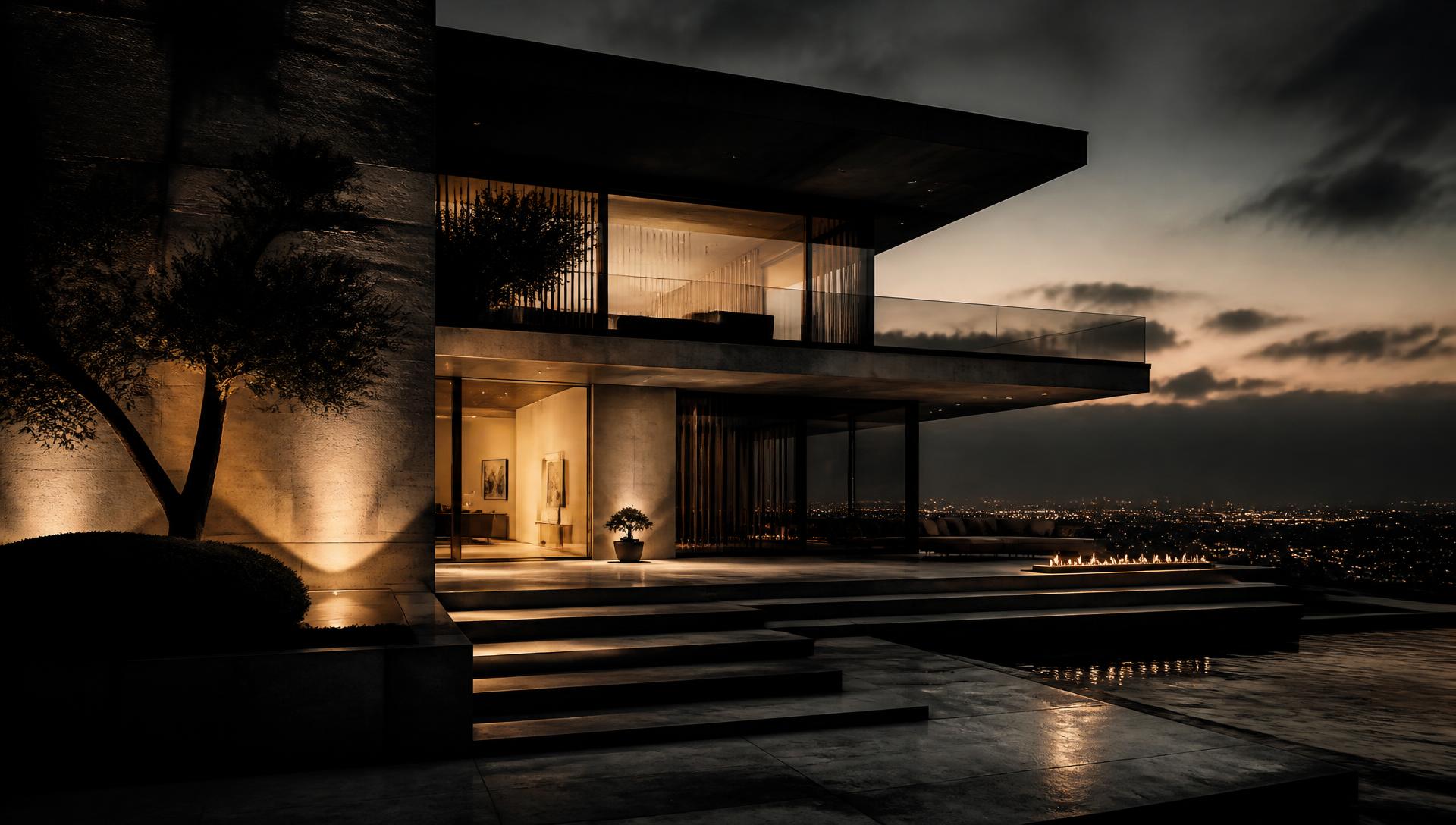 Casa contemporânea ao anoitecer com luz interior dourada