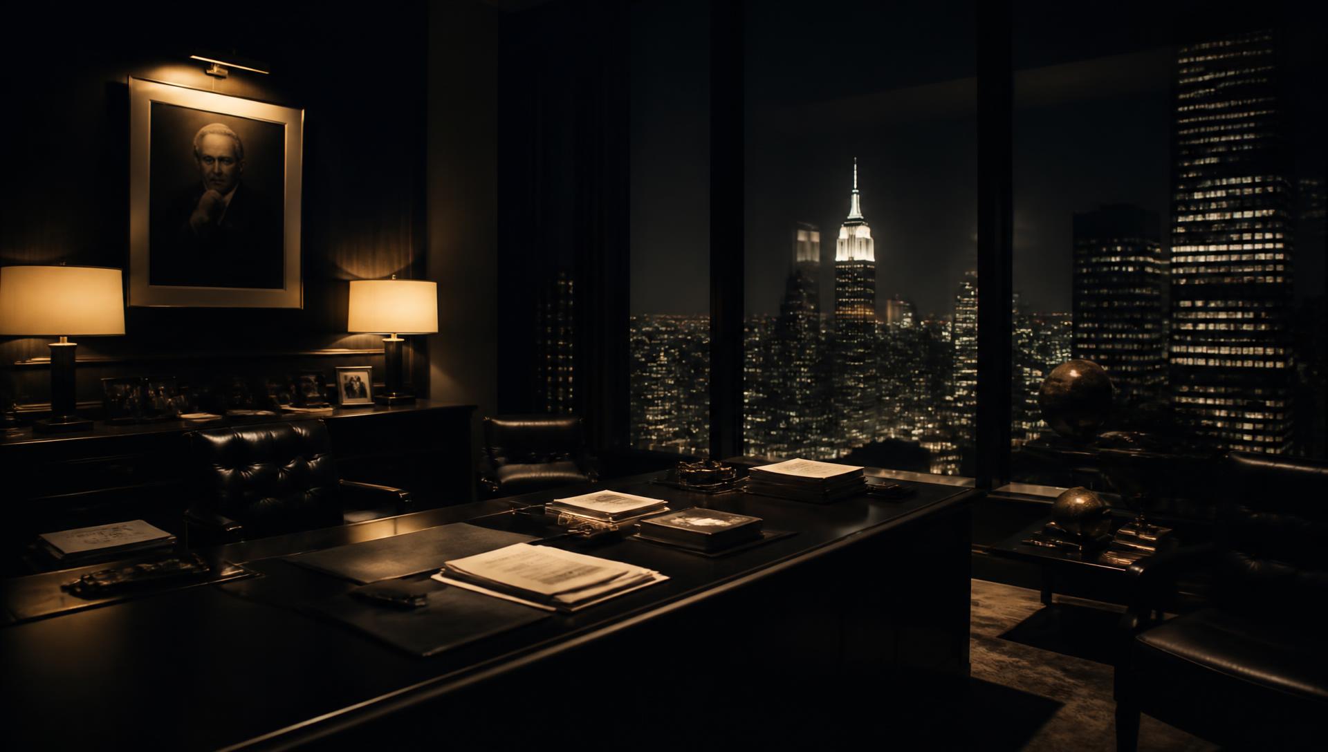 Escritório sofisticado à noite com vista sobre a cidade